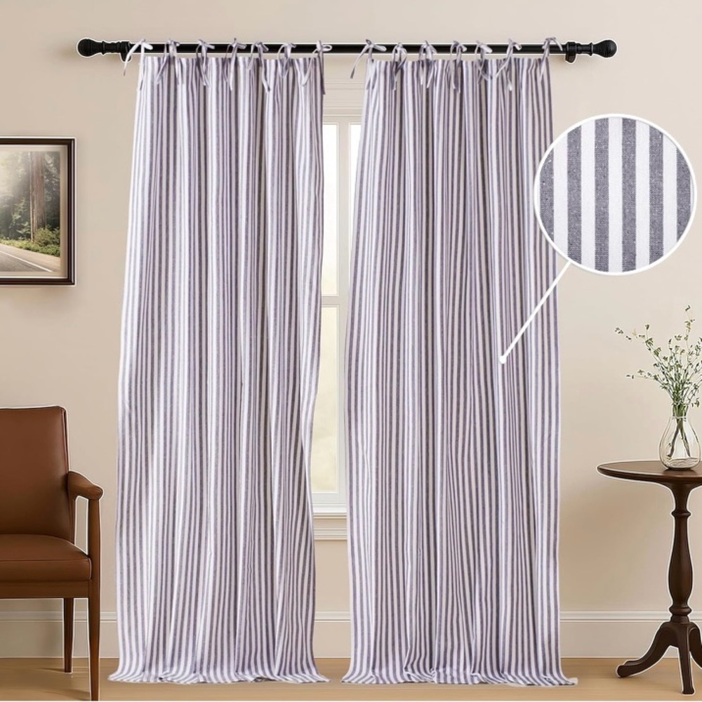 Striped Linen-Style Window Curtain Panels - Gray/White
